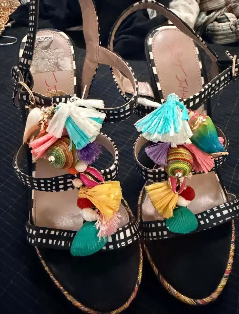 Betsey Johnson Marcyy Black White Gingham Shell Tassel Platform Heels Sandals